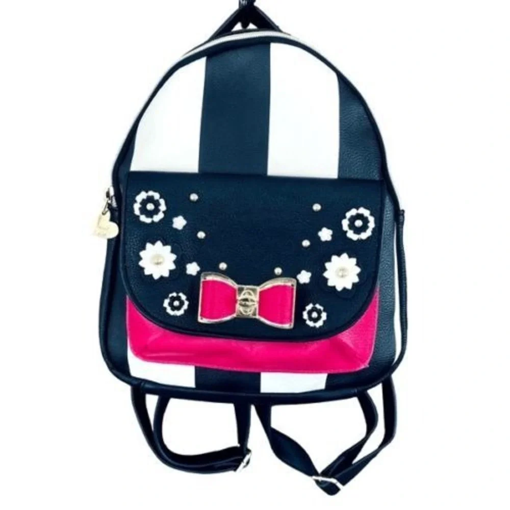Betsey Johnson Black White Rugby Stripe Hot Pink Floral Purse Backpack VNTG‎
